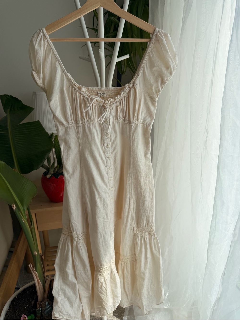 Urban Outfitters Cream Button-Front Peasant Chemise Midi Dress Ren Faire core